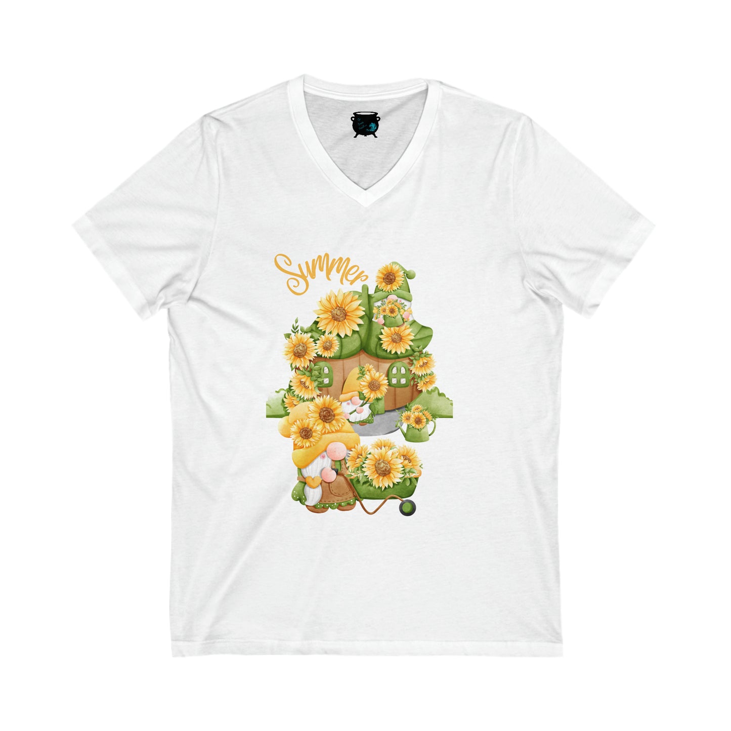 Summer Sunflower Gnomes Unisex Jersey Short Sleeve V-Neck Tee