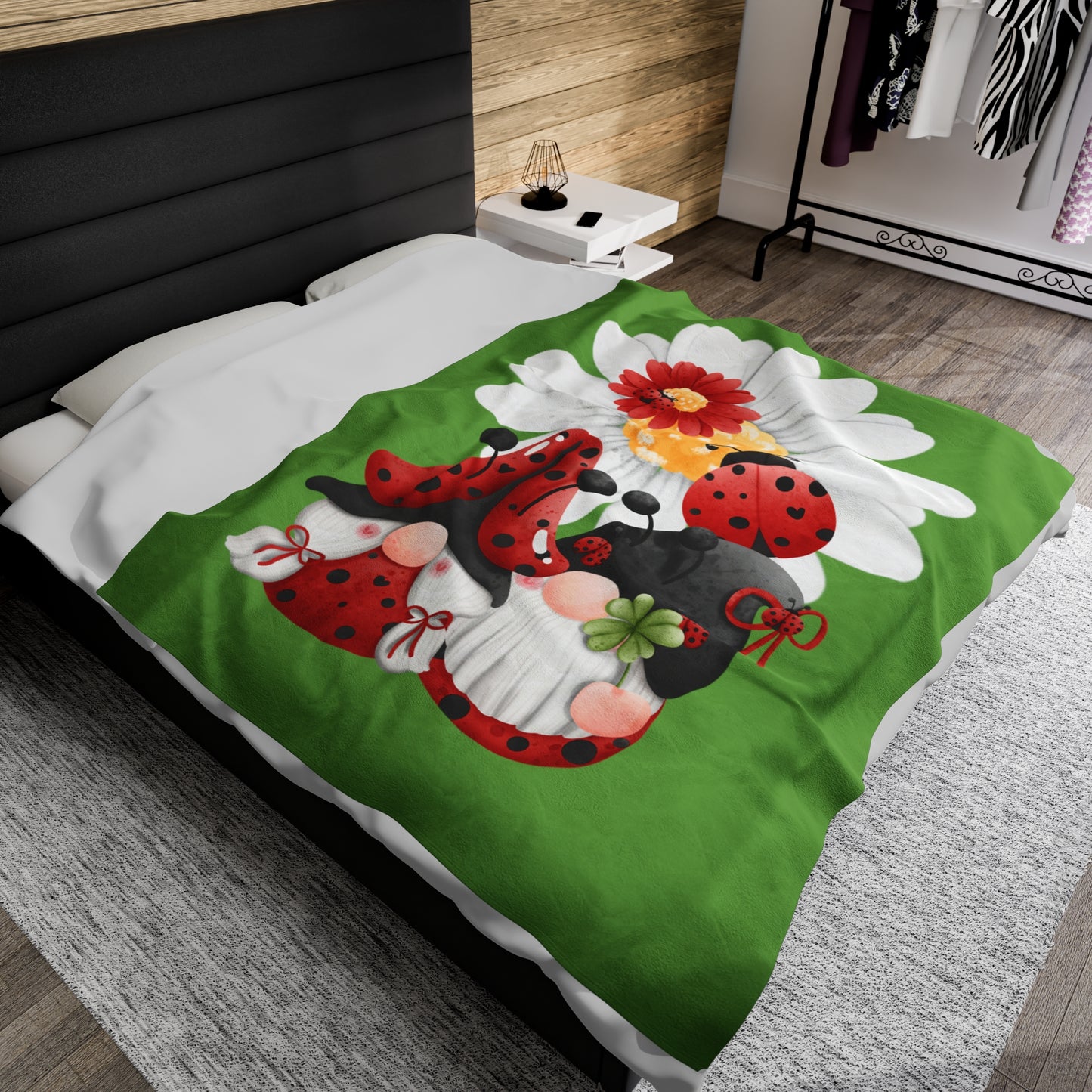 Ladybug Daisy Gnomes Velveteen Plush Blanket