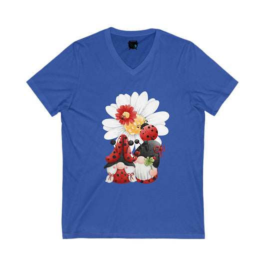 Ladybug Daisy Gnomes Unisex Jersey Short Sleeve V-Neck Tee