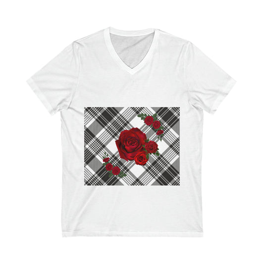 Rose Plaid Unisex Jersey Short Sleeve V-Neck Tee