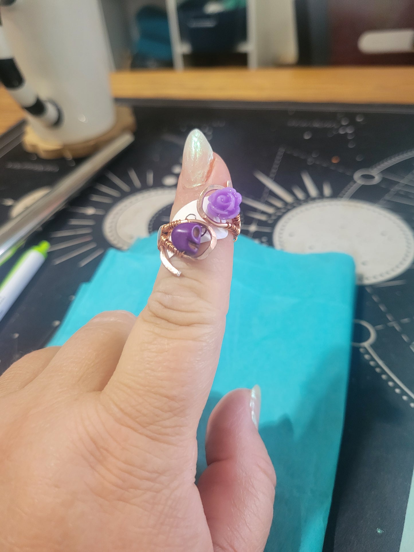 copper and purple skull and rose ring size 8  IP167