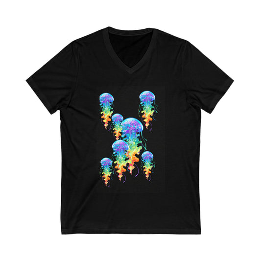 Rainbow Jellyfish Unisex Jersey Short Sleeve V-Neck Tee