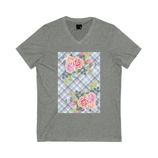 Floral Plaid Unisex Jersey Short Sleeve V-Neck Tee